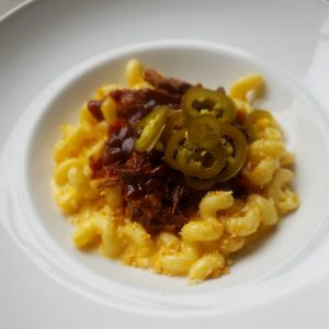 Mac and cheese with smoked brisket and jalapeños