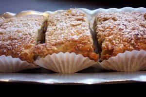 Slices of apple strudel on a silver tray